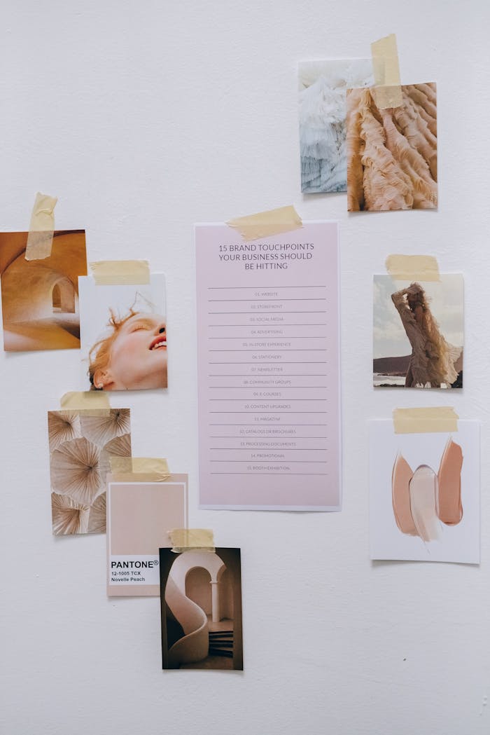 ours-journey Aesthetic moodboard showcasing brand strategy concepts and design elements taped to a wall.