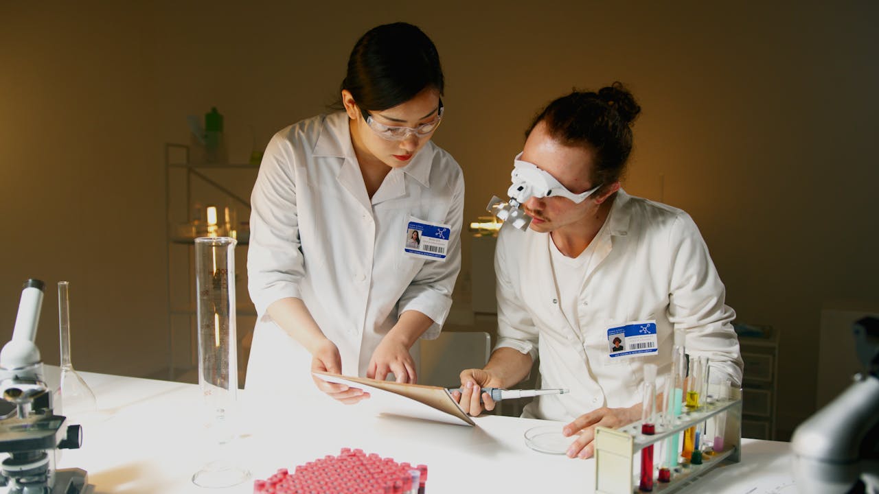 hero-img-01 Two researchers collaborate in a lab, examining documents and conducting experiments.
